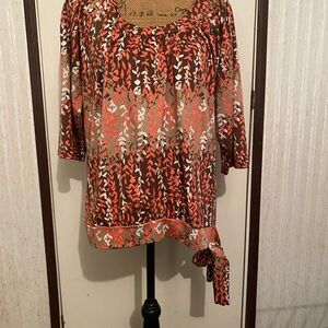 Tailor B. Moss Coral and Brown Leaf Print Blouse